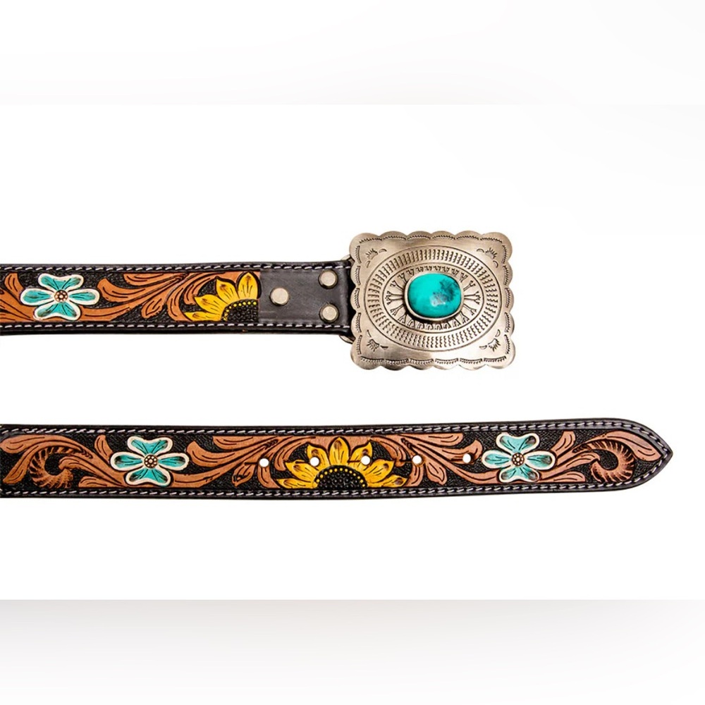 NWT Myra Western Hand Tooled Leather Belt w/ Hair On Hide & Turquoise Accents - Picture 4 of 15